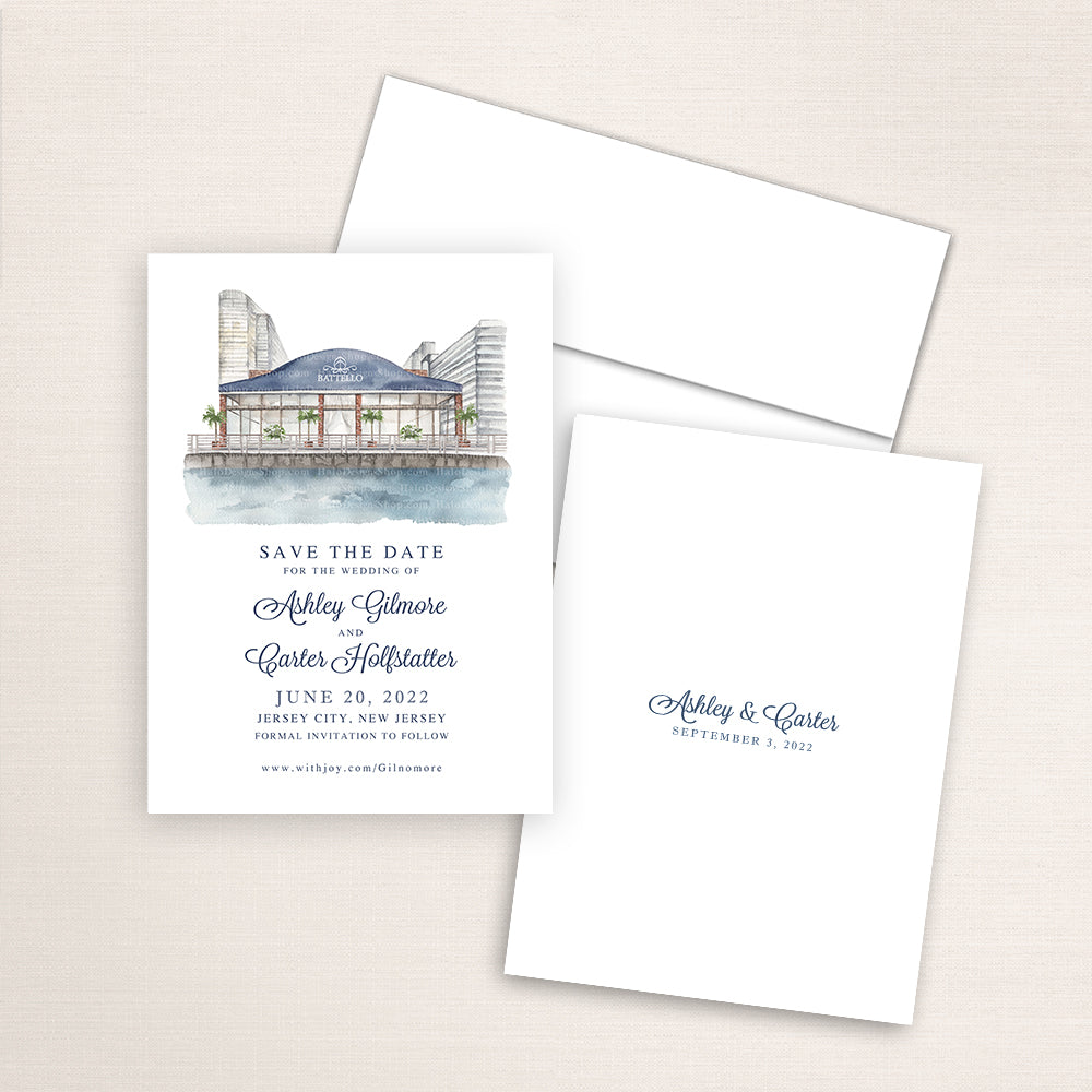 Custom watercolor Save the Date card featuring hand-painted venue illustration of Battello in Jersey City, New Jersey personalized wedding stationery with elegant venue artwork. 