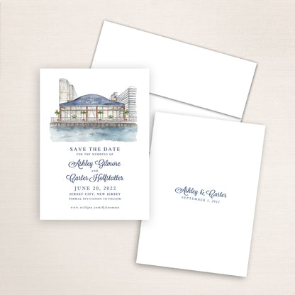 Custom watercolor Save the Date card featuring hand-painted venue illustration of Battello in Jersey City, New Jersey personalized wedding stationery with elegant venue artwork. 