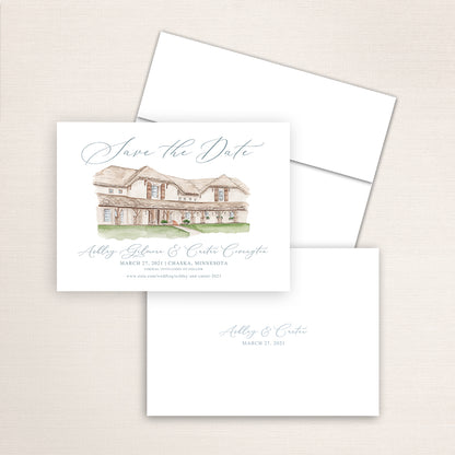 Custom watercolor Save the Date card featuring hand-painted venue illustration of the Edward Anne Estate at Bavaria Downs in Chaska, Minnesota, personalized wedding stationery with elegant venue artwork. 