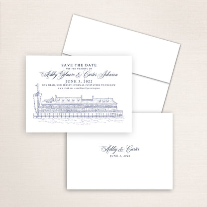 Custom sketch Save the Date card featuring hand-drawn venue illustration of Bay Head Yacht Club in Bay Head, New Jersey personalized wedding stationery with elegant venue artwork. 