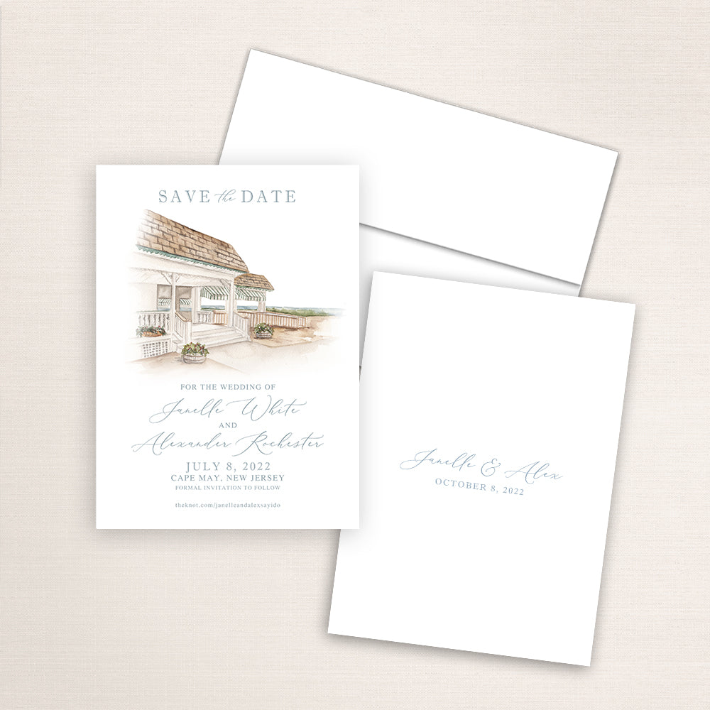 Custom watercolor Save the Date card featuring hand-painted venue illustration of the Beach Club in Cape May, New Jersey personalized wedding stationery with elegant venue artwork. 