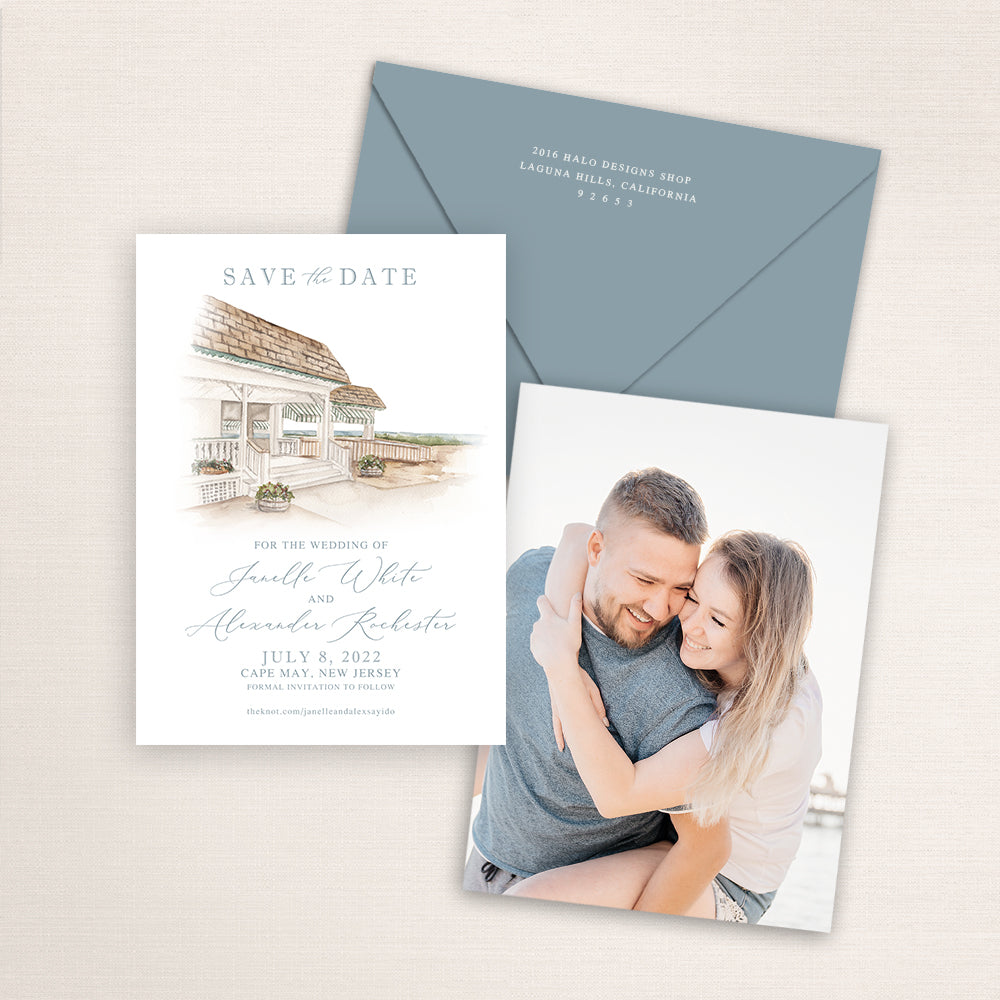 Custom watercolor Save the Date card featuring hand-painted venue illustration of the Beach Club in Cape May, New Jersey personalized wedding stationery with elegant venue artwork with matching envelope. 