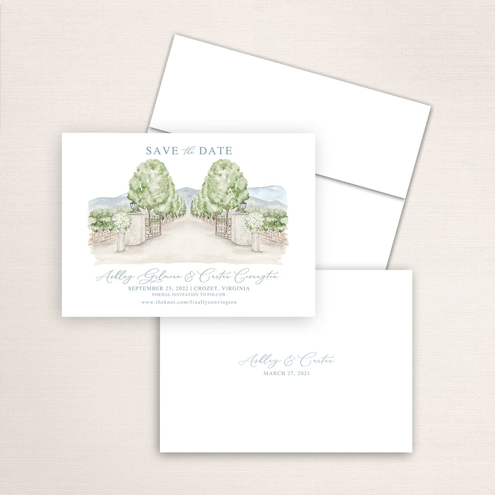 Custom watercolor Save the Date card featuring hand-painted venue illustration of Beaulieu Garden in Rutherford, California personalized wedding stationery with elegant venue artwork. 