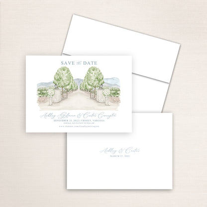 Custom watercolor Save the Date card featuring hand-painted venue illustration of Beaulieu Garden in Rutherford, California personalized wedding stationery with elegant venue artwork. 