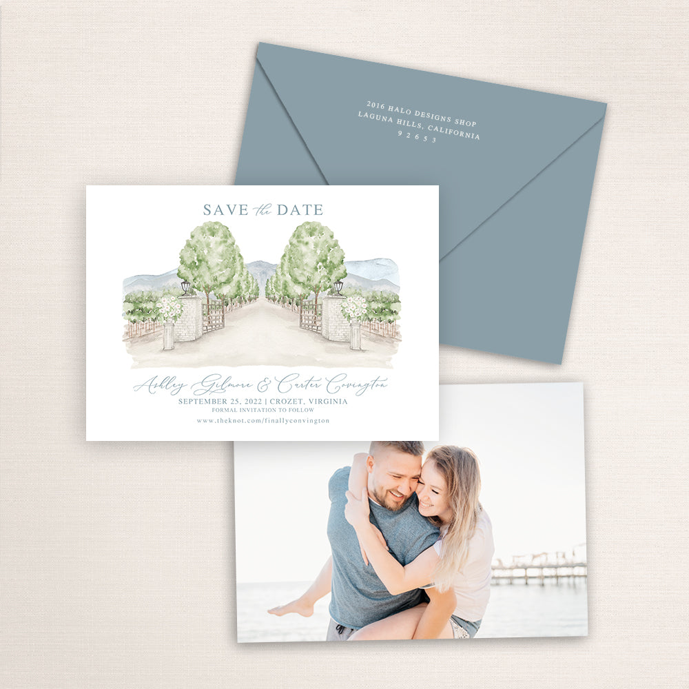 Custom watercolor Save the Date card featuring hand-painted venue illustration of Beaulieu Garden in Rutherford, California personalized wedding stationery with elegant venue artwork with matching envelope. 