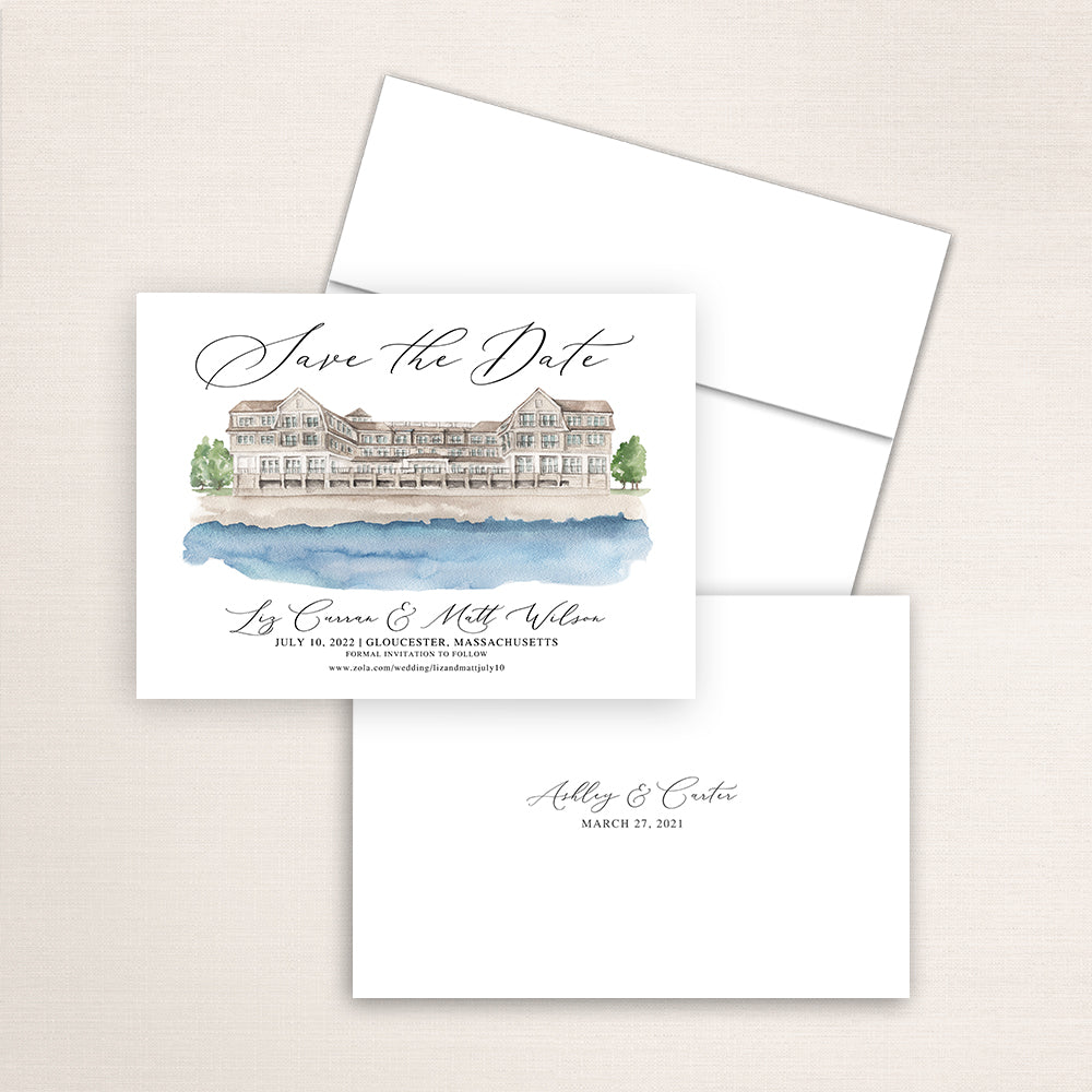 Custom watercolor Save the Date card featuring hand-painted venue illustration of Beauport Hotel in Gloucester, Massachusetts personalized wedding stationery with elegant venue artwork. 