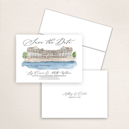 Custom watercolor Save the Date card featuring hand-painted venue illustration of Beauport Hotel in Gloucester, Massachusetts personalized wedding stationery with elegant venue artwork. 