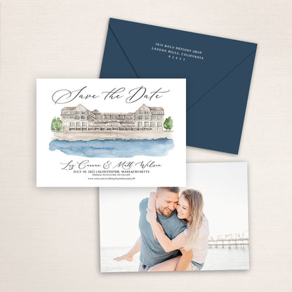 Custom watercolor Save the Date card featuring hand-painted venue illustration of Beauport Hotel in Gloucester, Massachusetts personalized wedding stationery with elegant venue artwork with matching envelope. 