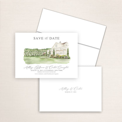 Custom watercolor Save the Date card featuring hand-painted venue illustration of Bedell Cellars in Cutchogue, New York personalized wedding stationery with elegant venue artwork. 