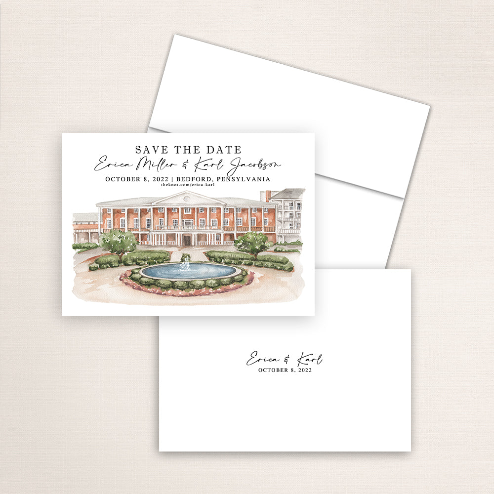 Custom watercolor Save the Date card featuring hand-painted venue illustration of Omni Bedford Springs in Bedford, Pennsylvania, personalized wedding stationery with elegant venue artwork. 