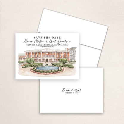 Custom watercolor Save the Date card featuring hand-painted venue illustration of Omni Bedford Springs in Bedford, Pennsylvania, personalized wedding stationery with elegant venue artwork. 