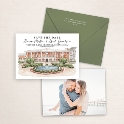 Custom watercolor Save the Date card featuring hand-painted venue illustration of Omni Bedford Springs in Bedford, Pennsylvania, personalized wedding stationery with elegant venue artwork with matching envelope.