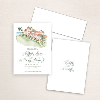 Custom watercolor Save the Date card featuring hand-painted venue illustration of Bel-Air Bay Club in Pacific Palisades, California personalized wedding stationery with elegant venue artwork. 