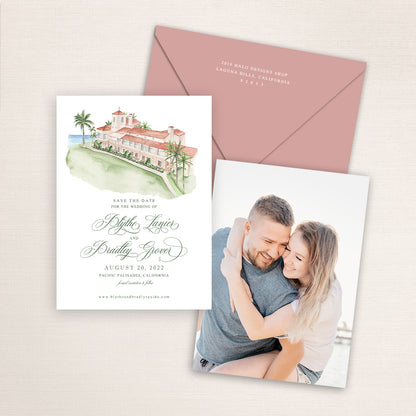 Custom watercolor Save the Date card featuring hand-painted venue illustration of Bel-Air Bay Club in Pacific Palisades, California personalized wedding stationery with elegant venue artwork with matching envelope. 