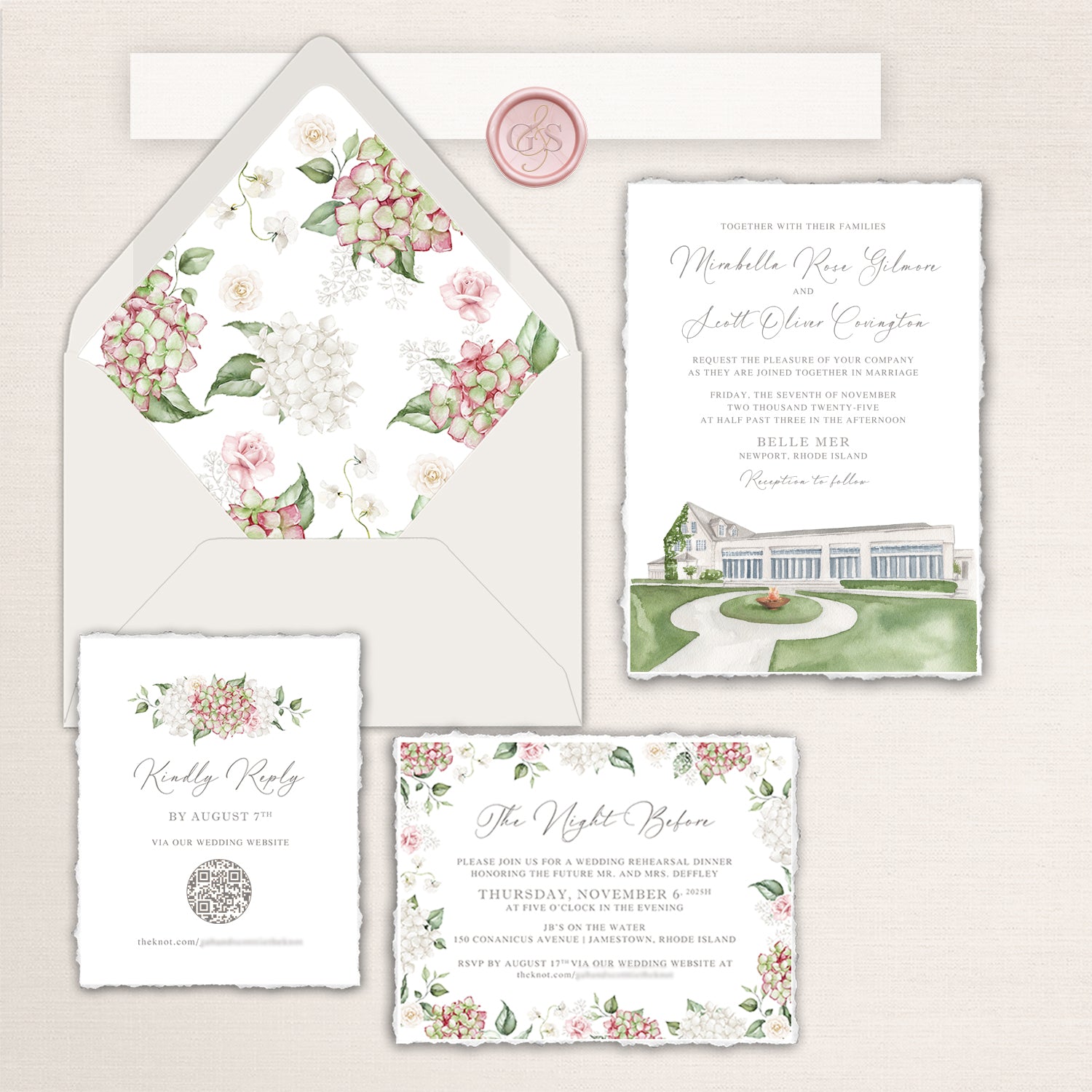 Romantic Belle Mer wedding invitation suite featuring soft pink, white, and green watercolor hydrangeas and roses, a floral-lined ivory envelope, deckled-edge invitation with a watercolor illustration of Belle Mer in Newport, Rhode Island, matching online RSVP card with QR code, and coordinating rehearsal dinner invitation.