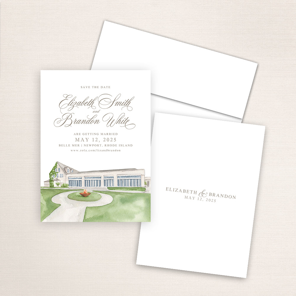 A watercolor painting of Belle Mer printed on a save the date announcement.