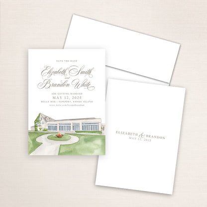 A watercolor painting of Belle Mer printed on a save the date announcement.