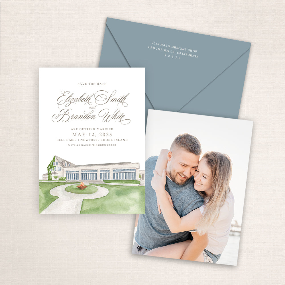 A watercolor painting of Belle Mer printed on a save the date wedding card with a photo on the back and matching envelopes.