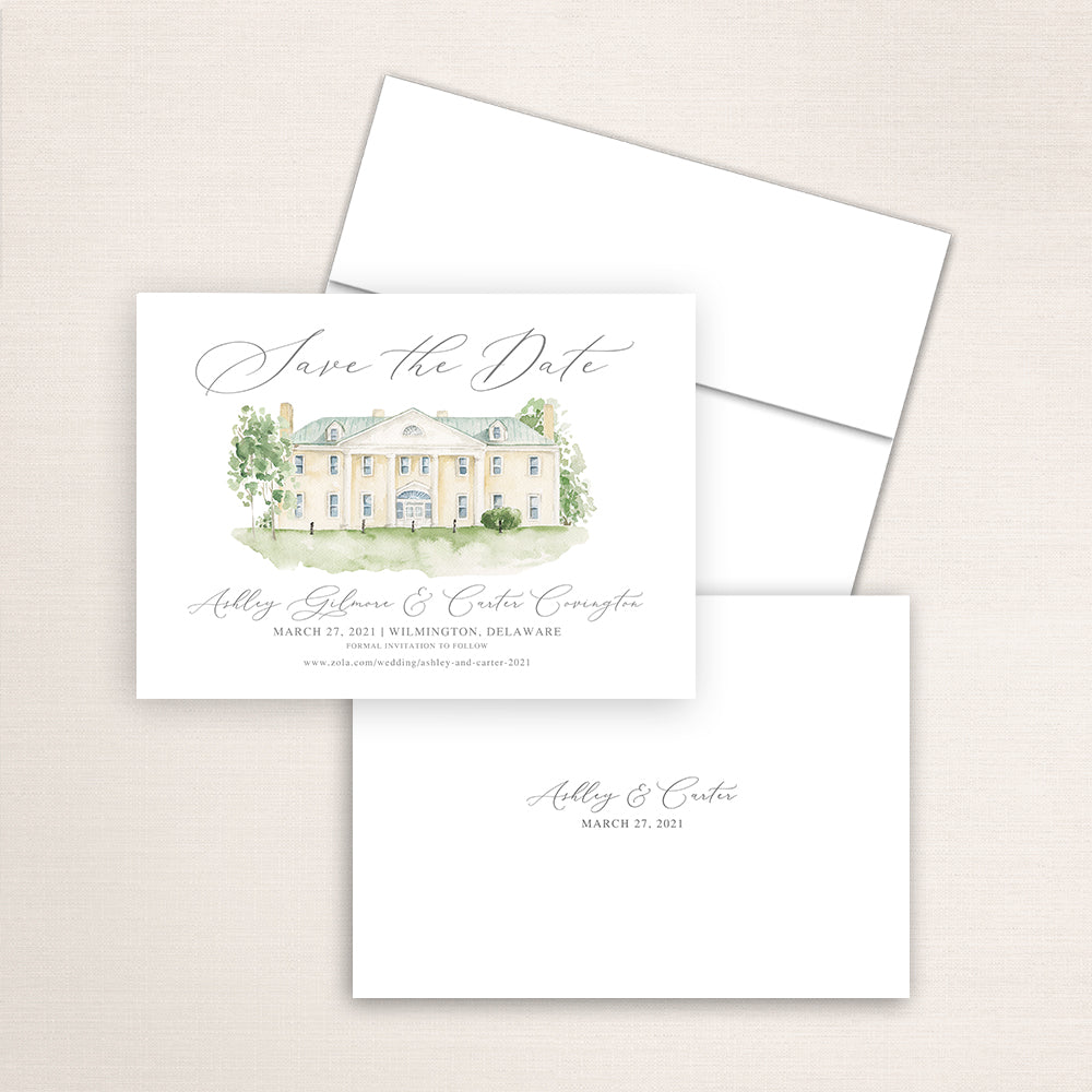 Custom watercolor Save the Date card featuring hand-painted venue illustration of Bellevue Hall in Wilmington, Delaware personalized wedding stationery with elegant venue artwork. 