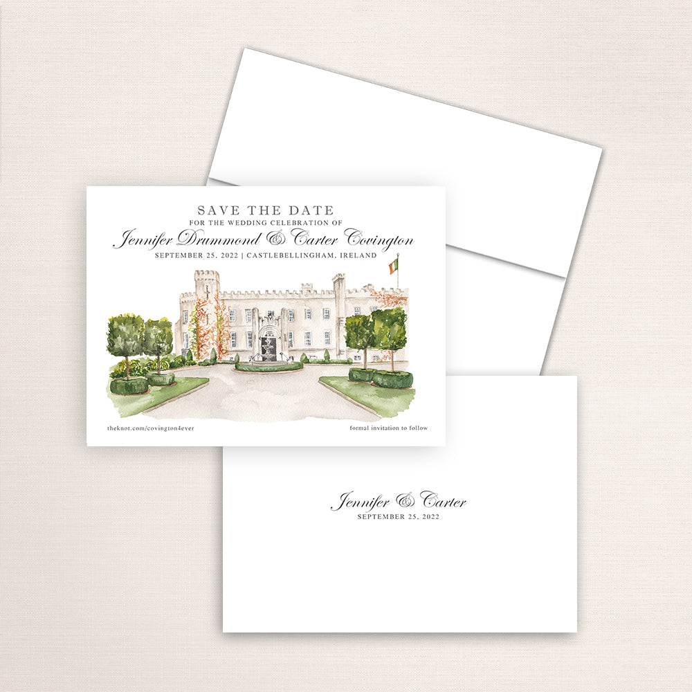Custom watercolor Save the Date card featuring hand-painted venue illustration of Bellingham Castle in Ireland personalized wedding stationery with elegant venue artwork. 