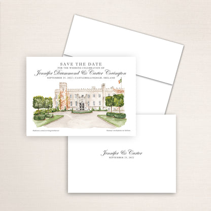 Custom watercolor Save the Date card featuring hand-painted venue illustration of Bellingham Castle in Ireland personalized wedding stationery with elegant venue artwork. 
