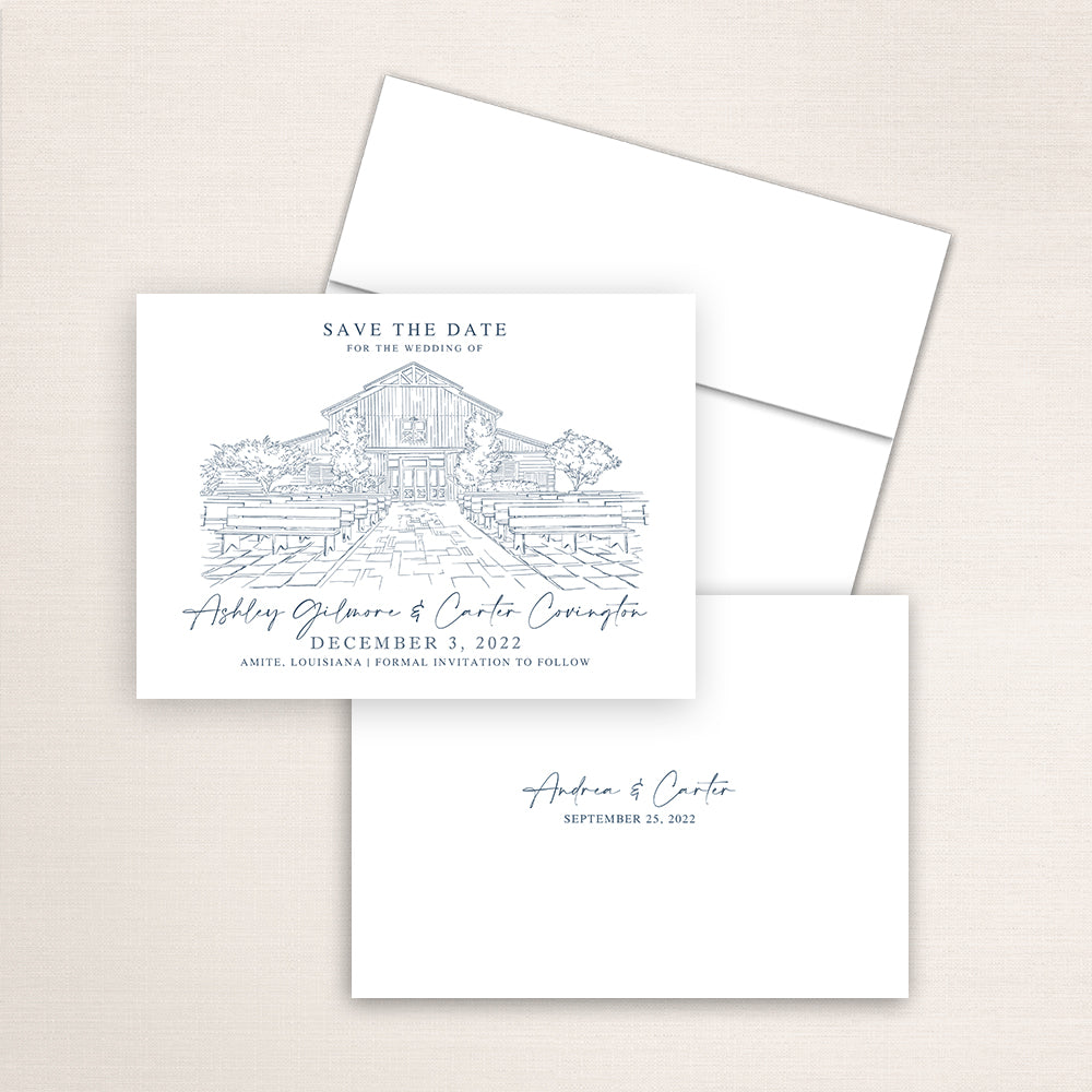 Custom Sketch Save the Date card featuring hand-drawn venue illustration of the Berry Barn in Amite, Louisiana, personalized wedding stationery with elegant venue artwork. 