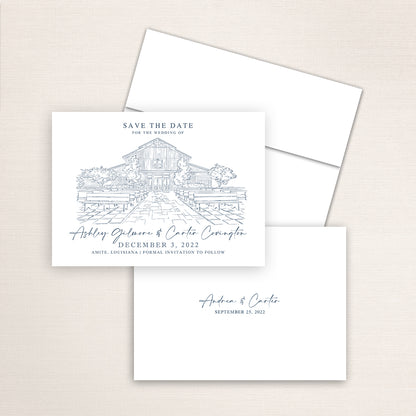 Custom Sketch Save the Date card featuring hand-drawn venue illustration of the Berry Barn in Amite, Louisiana, personalized wedding stationery with elegant venue artwork. 