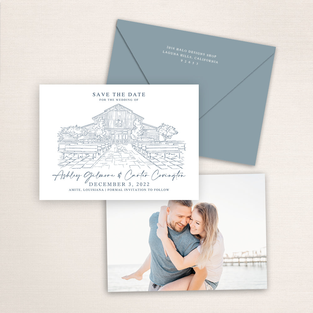 Custom Sketch Save the Date card featuring hand-drawn venue illustration of the Berry Barn in Amite, Louisiana, personalized wedding stationery with elegant venue artwork with matching envelope.