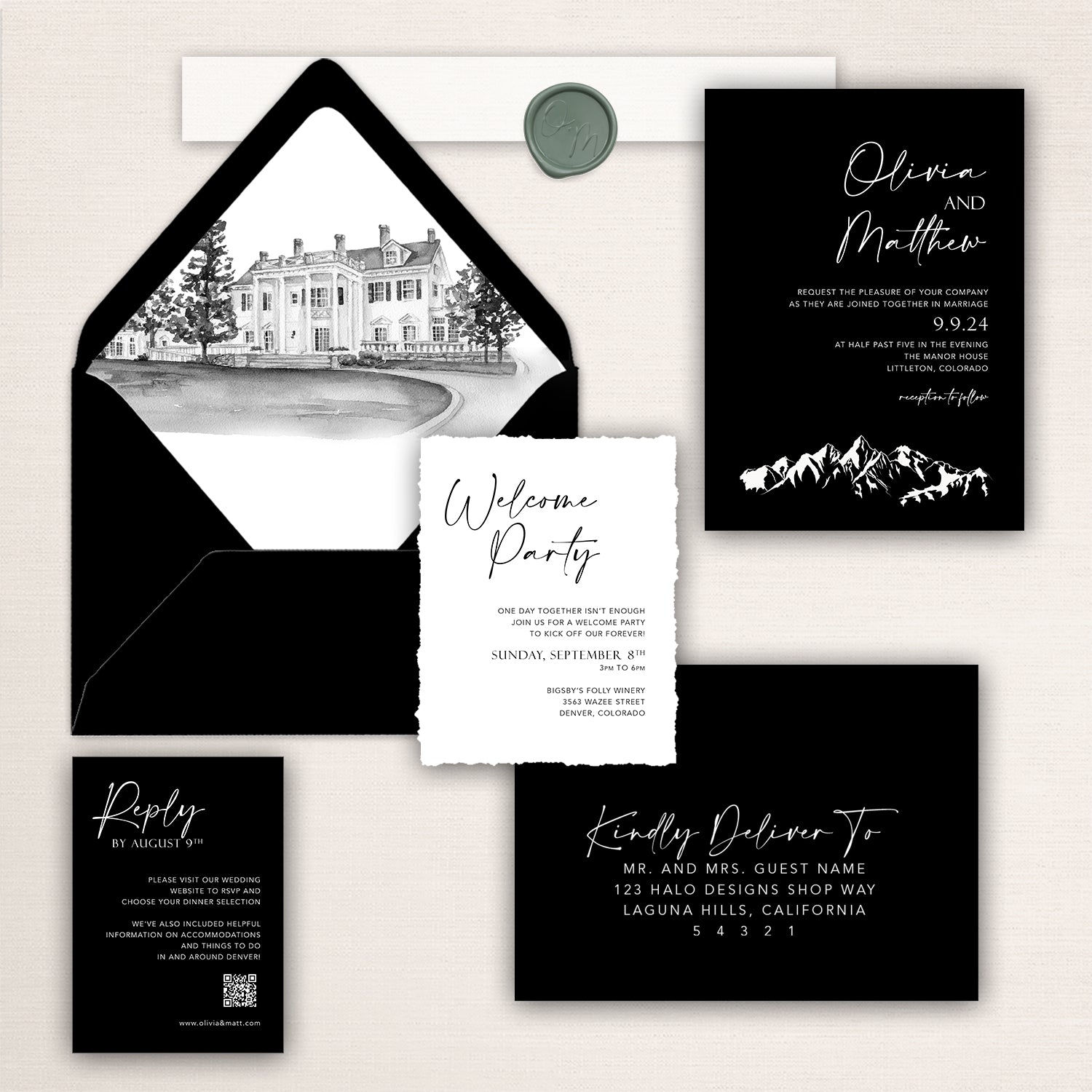 Black and white mountain wedding invitation suite with bold modern invitation, hand-drawn mountain illustration, venue envelope liner, RSVP card, and coordinating envelopes.