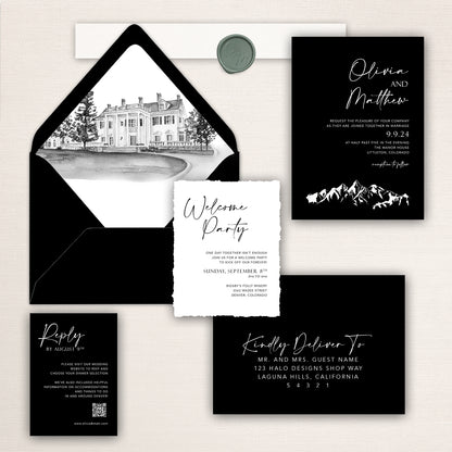 Black and white mountain wedding invitation suite with bold modern invitation, hand-drawn mountain illustration, venue envelope liner, RSVP card, and coordinating envelopes.