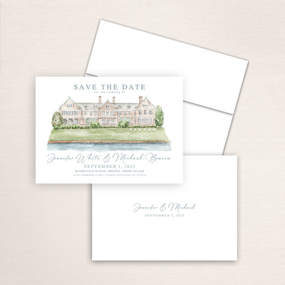 Custom watercolor Save the Date card featuring hand-painted venue illustration of Blithewold Manor in Bristol, Rhode Island personalized wedding stationery with elegant venue artwork. 