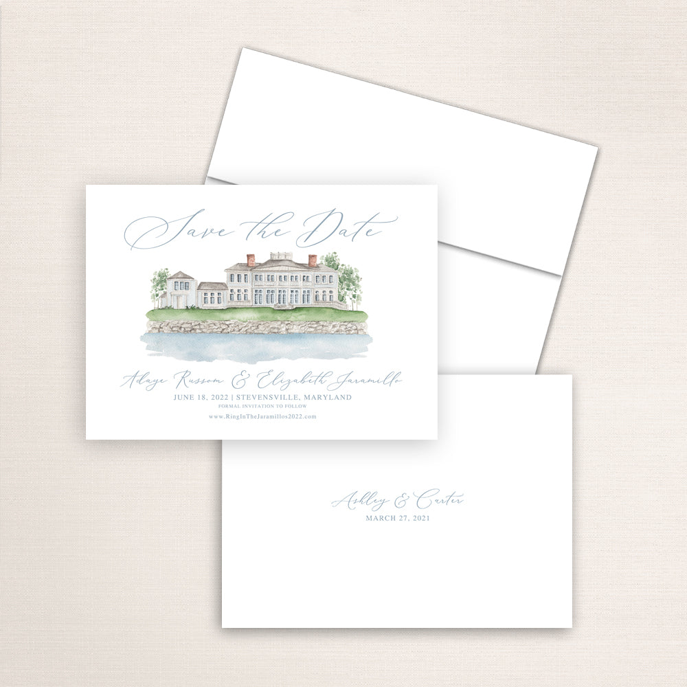 Custom watercolor Save the Date card featuring hand-painted venue illustration of Blue Heron in Stevensville, Maryland personalized wedding stationery with elegant venue artwork. 