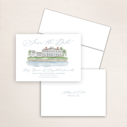 Custom watercolor Save the Date card featuring hand-painted venue illustration of Blue Heron in Stevensville, Maryland personalized wedding stationery with elegant venue artwork. 