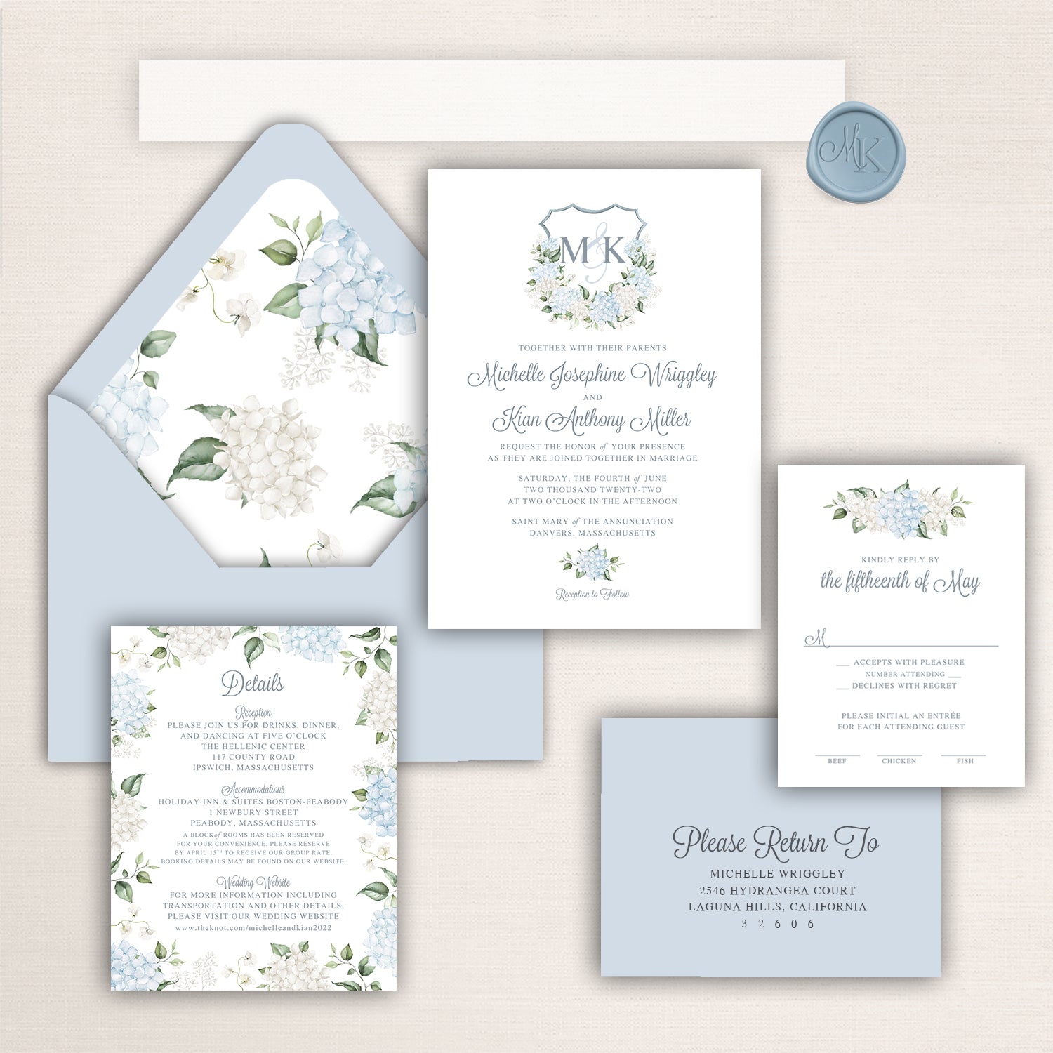 Wedding invitation suite with deckle edges. Design features blue and white hydrangeas, and matching Details, RSVP, envelopes, liners, and wax seal.