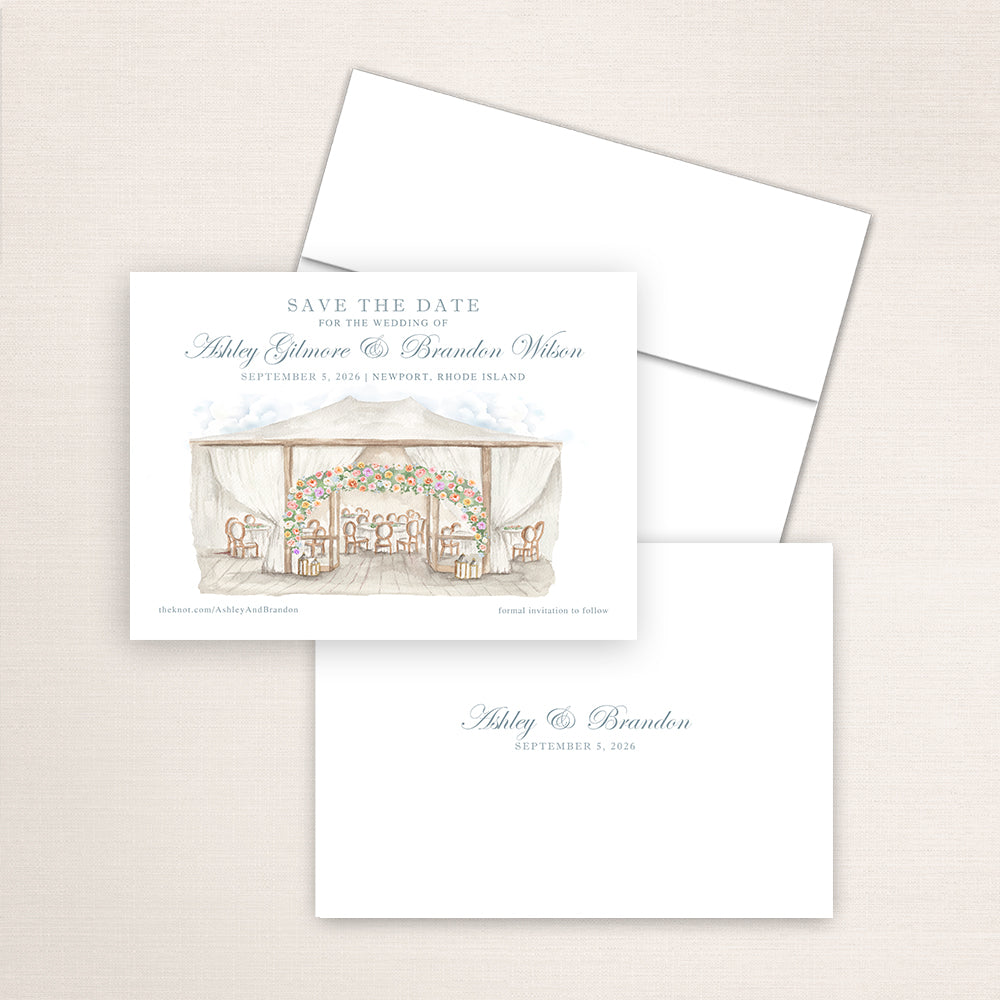 Bohlin Newport save the date with hand-painted sailcloth tent illustration, refined wedding typography, coordinating envelope, and minimalist printed back with couple’s names and date.