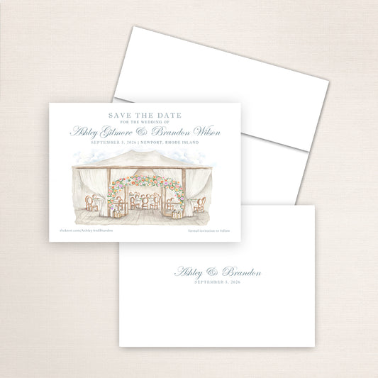 Bohlin Newport save the date with hand-painted sailcloth tent illustration, refined wedding typography, coordinating envelope, and minimalist printed back with couple’s names and date.