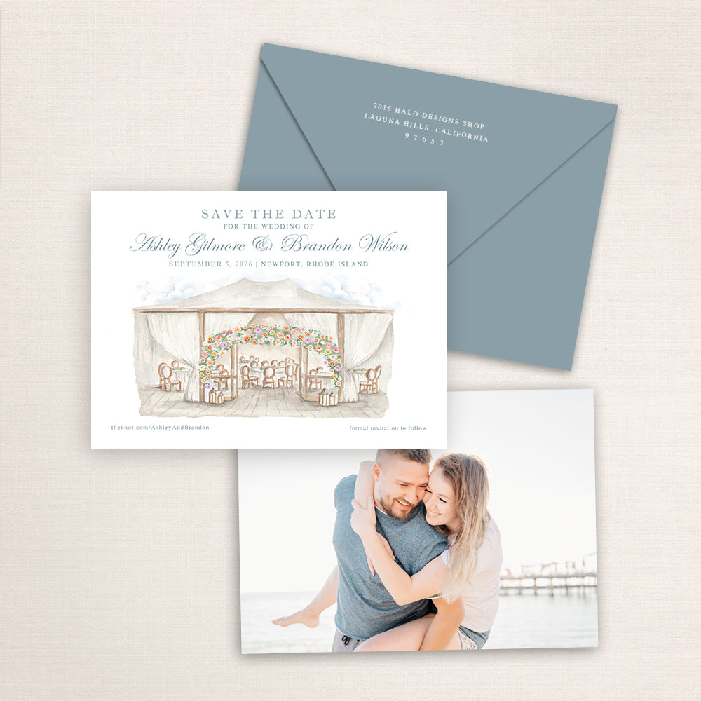 Bohlin Newport Rhode Island save the date featuring a watercolor illustration of a sailcloth wedding tent with floral arch, elegant script names, blue envelope, and engagement photo on the back.