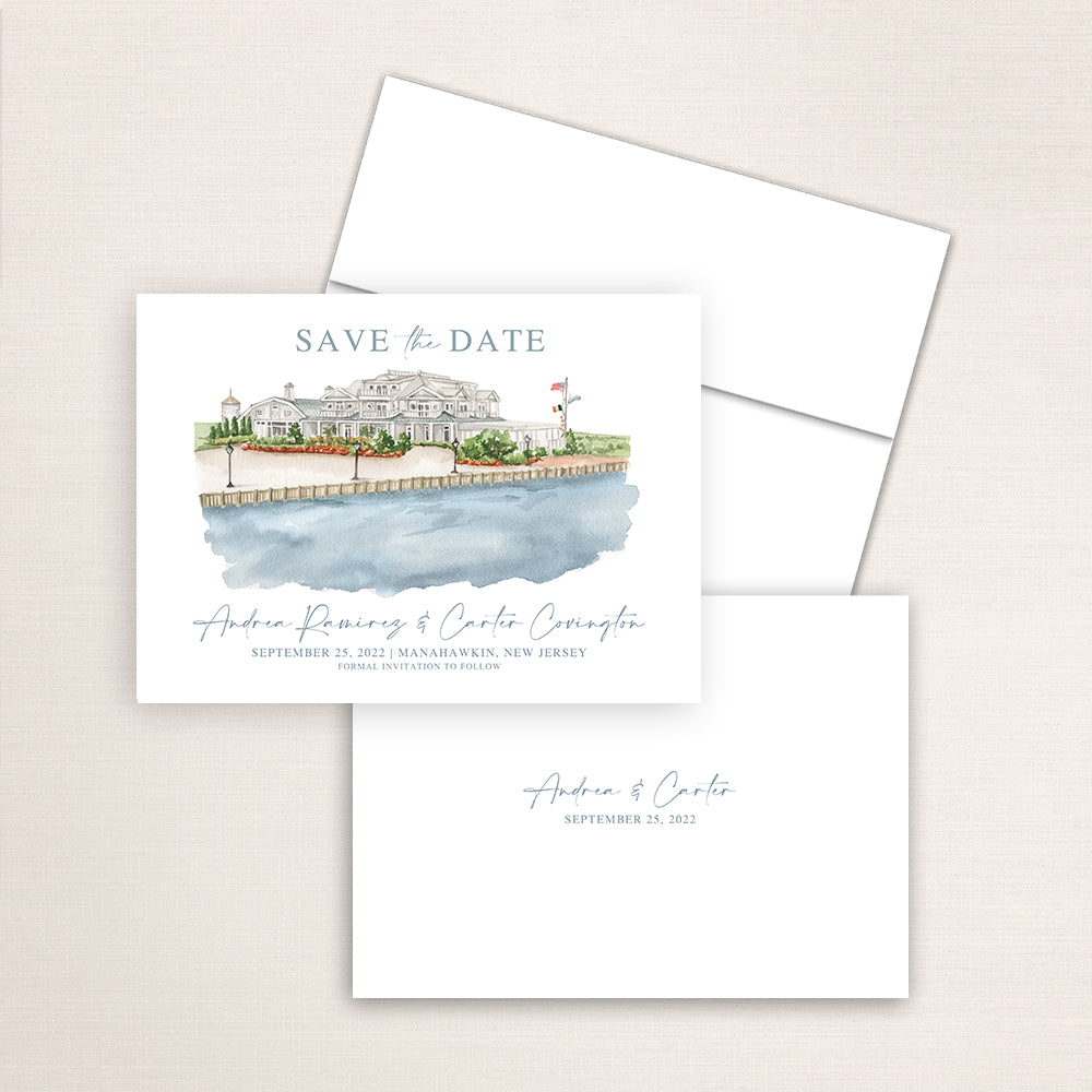 Custom watercolor Save the Date card featuring hand-painted venue illustration of Bonnet Island in Manahawkin, New Jersey personalized wedding stationery with elegant venue artwork. 