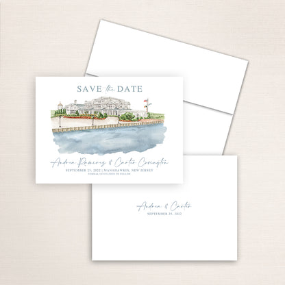 Custom watercolor Save the Date card featuring hand-painted venue illustration of Bonnet Island in Manahawkin, New Jersey personalized wedding stationery with elegant venue artwork. 