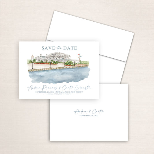 Custom watercolor Save the Date card featuring hand-painted venue illustration of Bonnet Island in Manahawkin, New Jersey personalized wedding stationery with elegant venue artwork. 