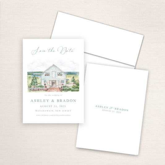 Custom watercolor Save the Date card featuring hand-painted venue illustration of Bonnet Island Chapel in Manahawkin, New Jersey personalized wedding stationery with elegant venue artwork. 
