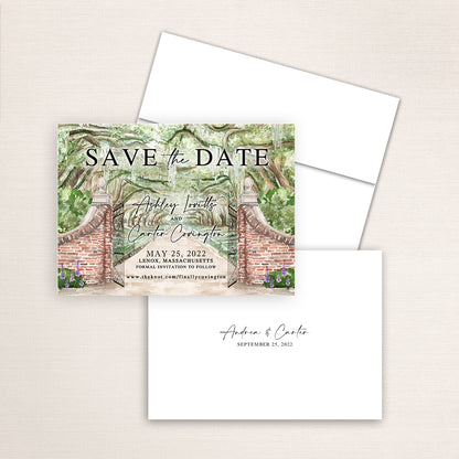 Custom watercolor Save the Date card featuring hand-painted venue illustration of Boone Hall and Gardens in Mt. Pleasant, South Carolina personalized wedding stationery with elegant venue artwork. 