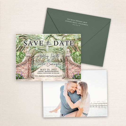 Custom watercolor Save the Date card featuring hand-painted venue illustration of Boone Hall and Gardens in Mt. Pleasant, South Carolina personalized wedding stationery with elegant venue artwork with matching envelope. 