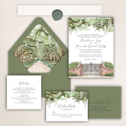 Wedding invitation suite with watercolor illustration of Boone Hall Plantation, oak tree avenue envelope liner, and coordinating stationery.