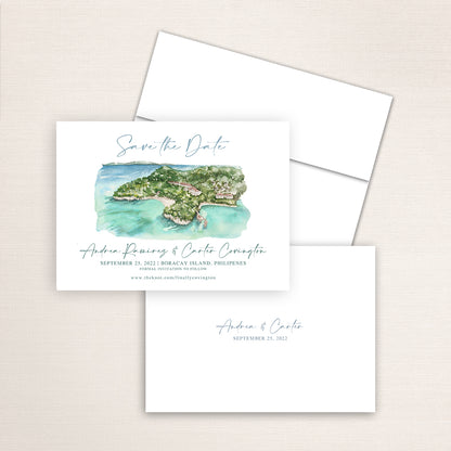 Custom watercolor Save the Date card featuring hand-painted venue illustration of Boracay Island in Philippines personalized wedding stationery with elegant venue artwork. 