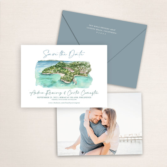 Custom watercolor Save the Date card featuring hand-painted venue illustration of Boracay Island in Philippines personalized wedding stationery with elegant venue artwork with matching envelope. 