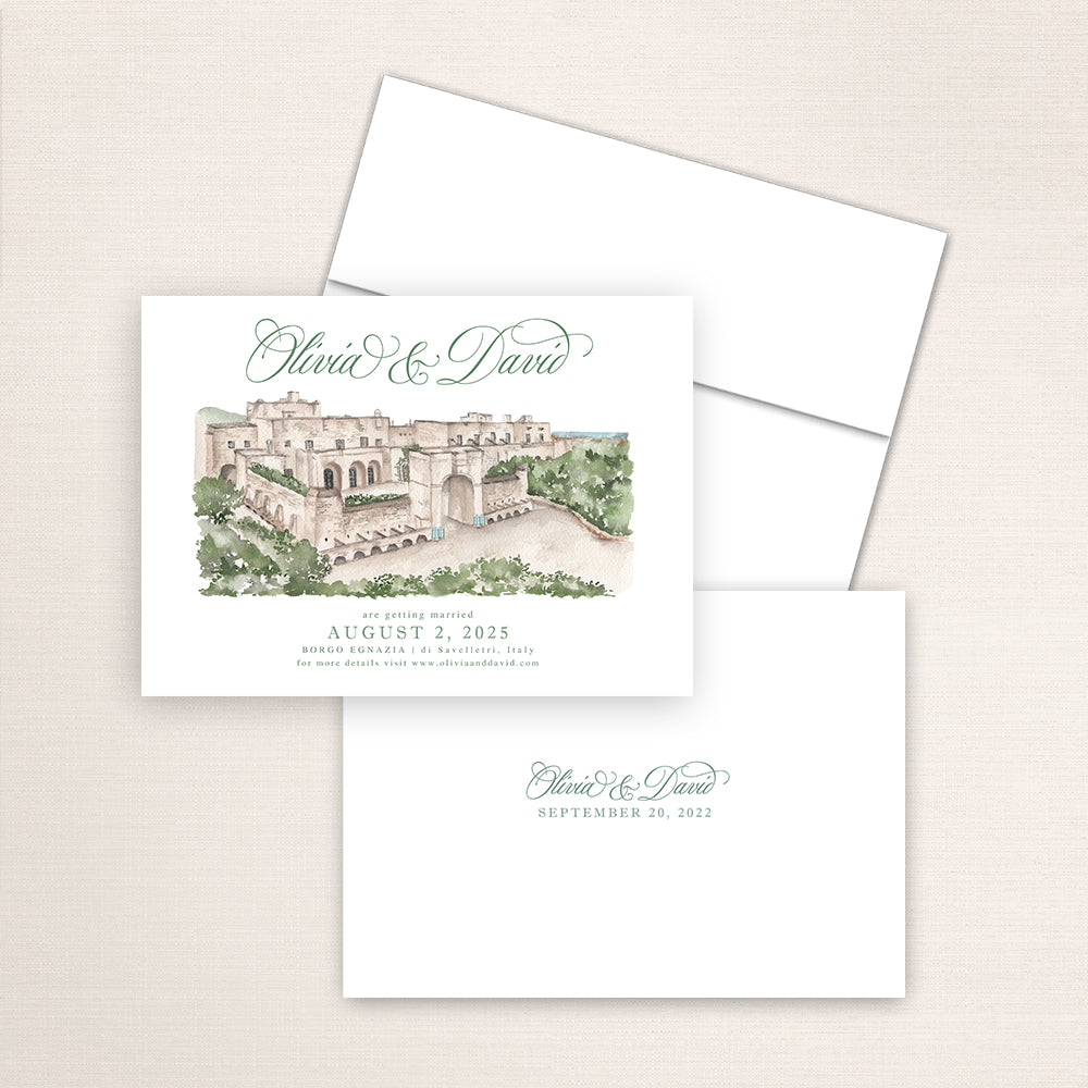 Borgo Egnazia save the date featuring a detailed watercolor painting of the Italian venue, refined typography layout,  and minimalist printed back with couple’s names and wedding date.