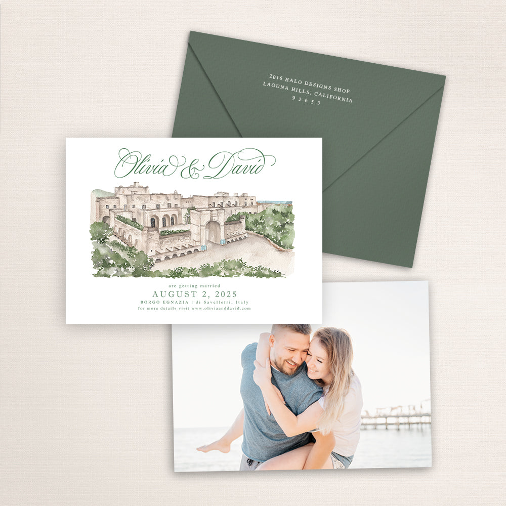 Borgo Egnazia Italy save the date with hand-painted watercolor illustration of the stone resort in Savelletri, elegant green script names, coordinating sage envelope, and engagement photo on the back.