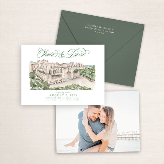 Borgo Egnazia Italy save the date with hand-painted watercolor illustration of the stone resort in Savelletri, elegant green script names, coordinating sage envelope, and engagement photo on the back.