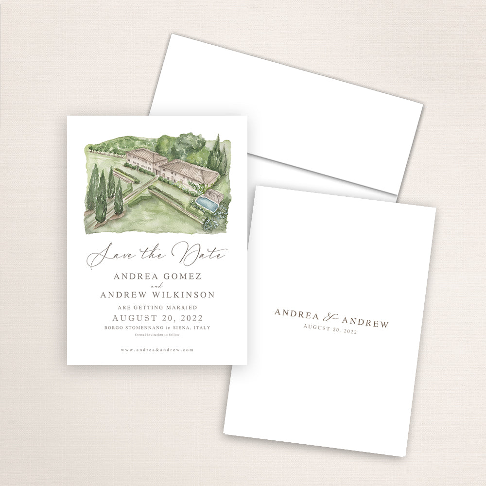 Borgo Stomennano save the date featuring a detailed watercolor of the Siena estate, classic wedding typography, white envelope, and minimalist printed back with couple’s names and wedding date.